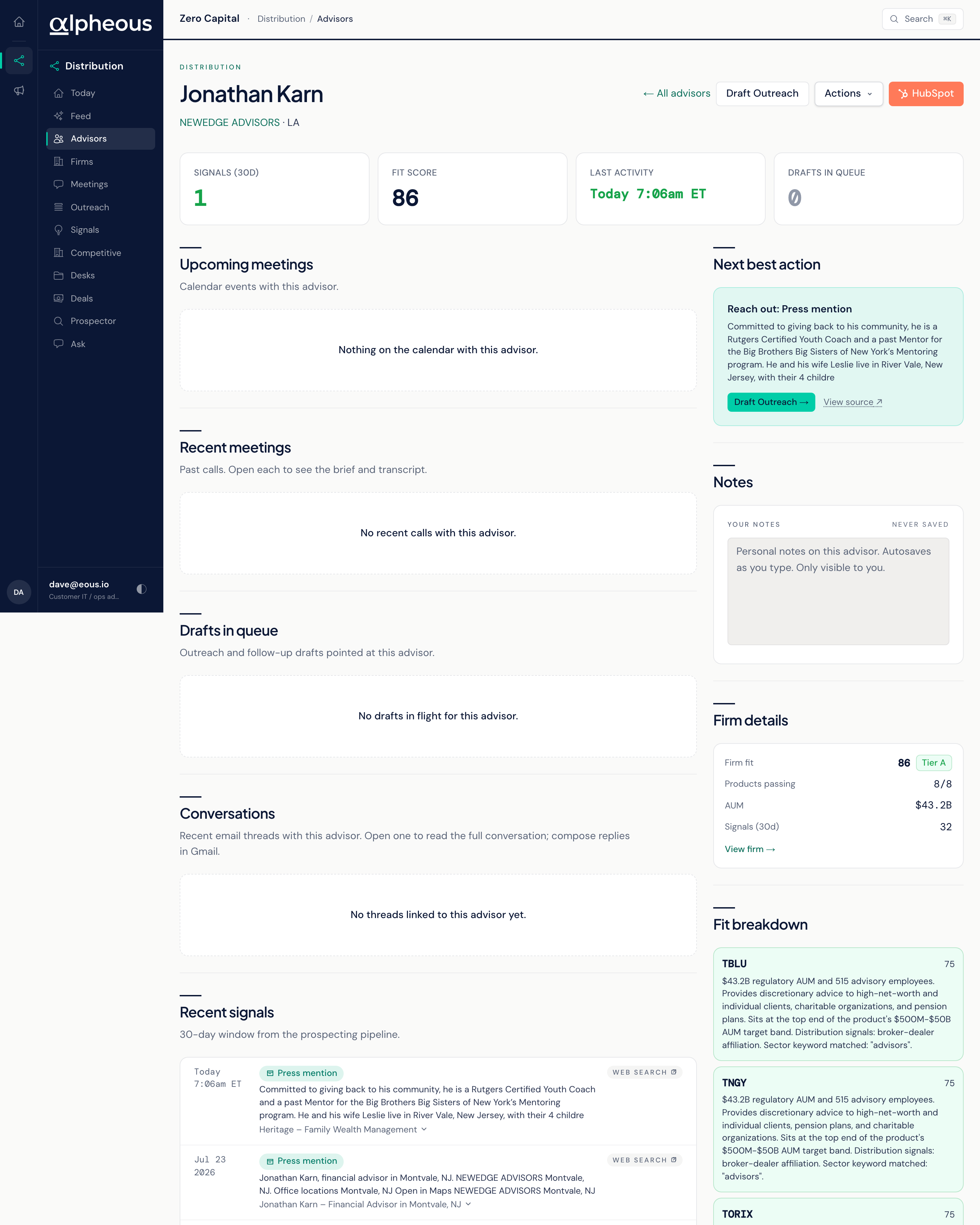 The advisor workspace showing the recommended next best action.