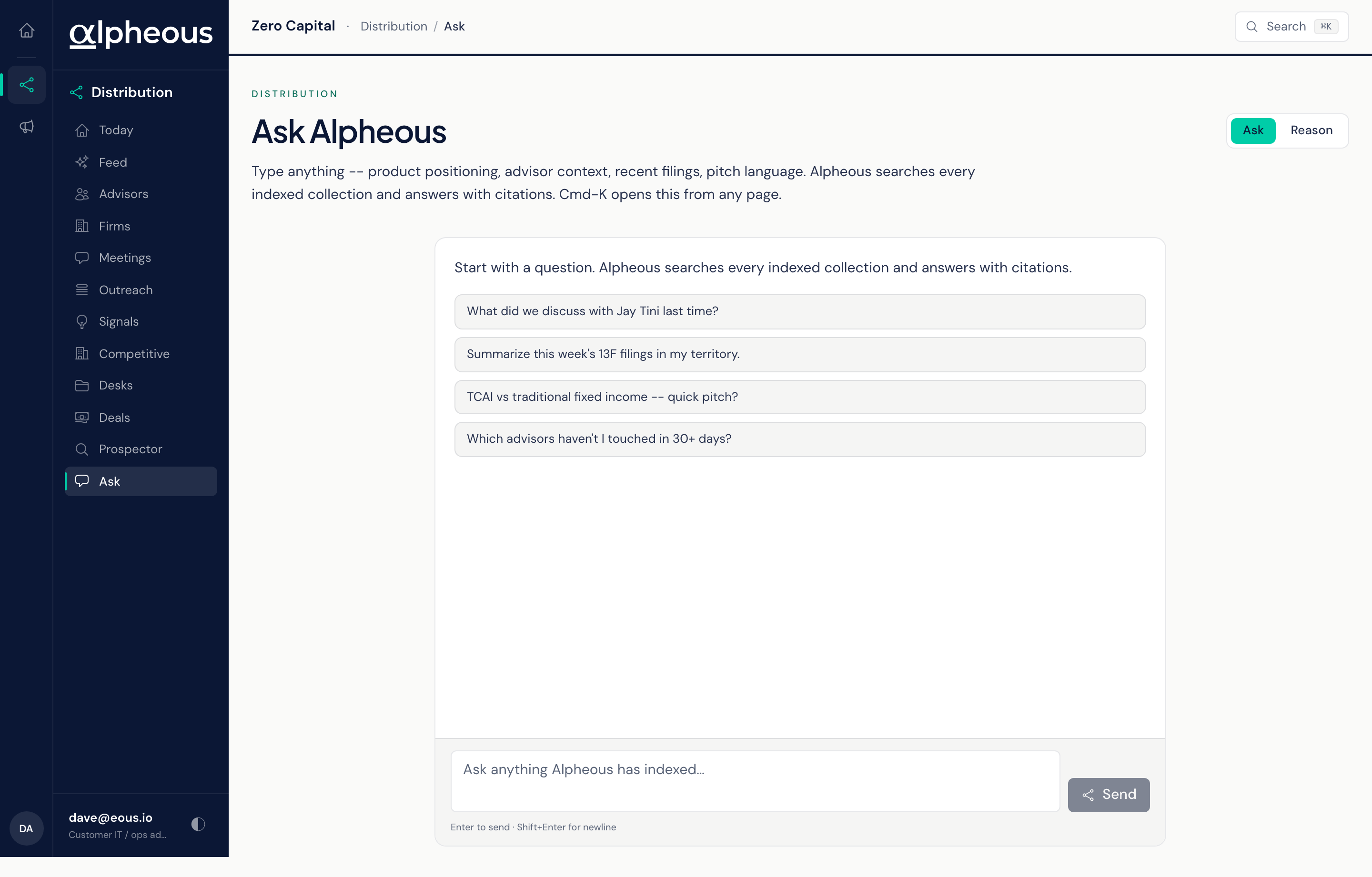 The Ask view: a plain-English question returns a grounded answer with source citations.