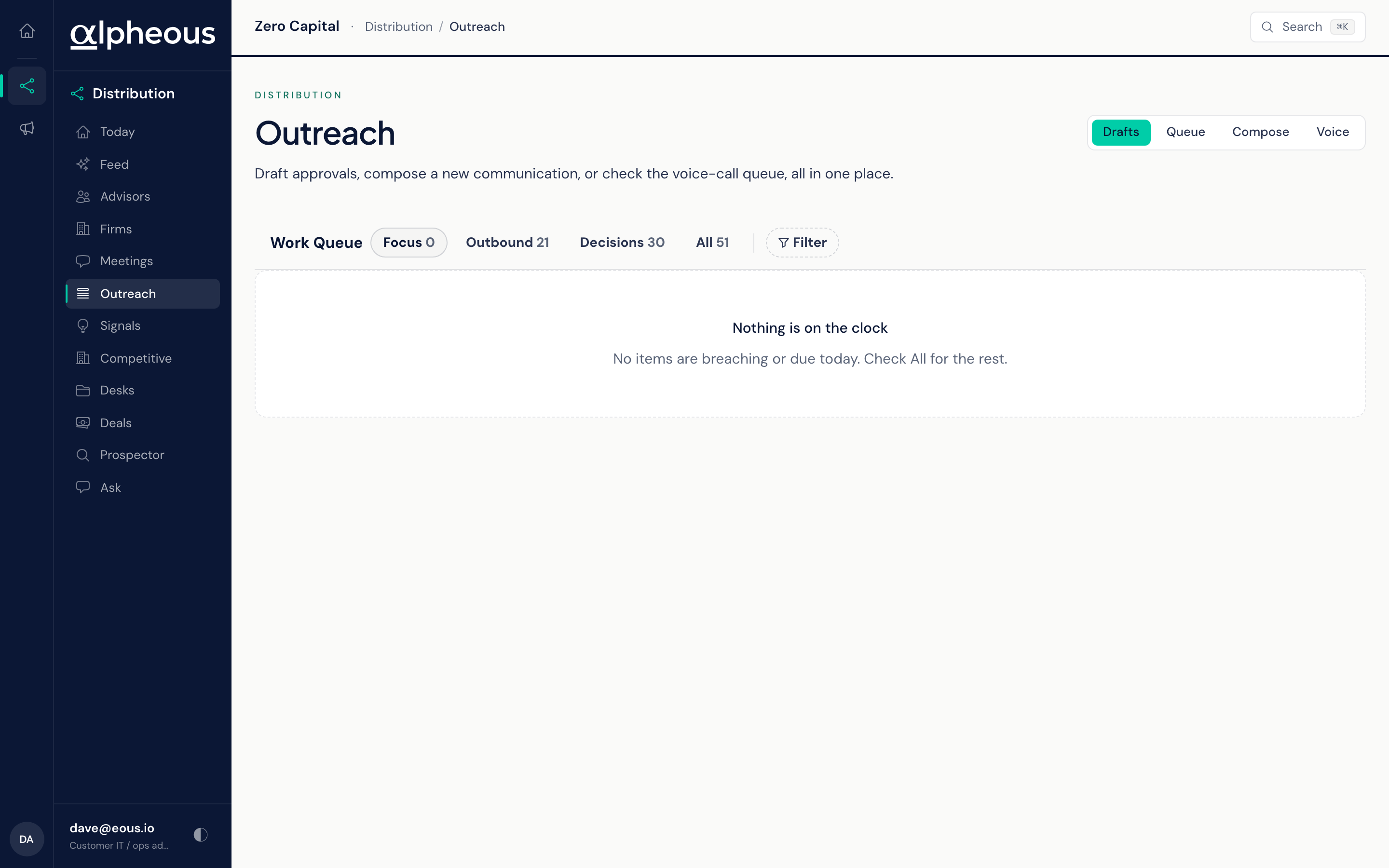 The Compose tab: a plain-language goal becomes a drafted message with an inline compliance verdict.