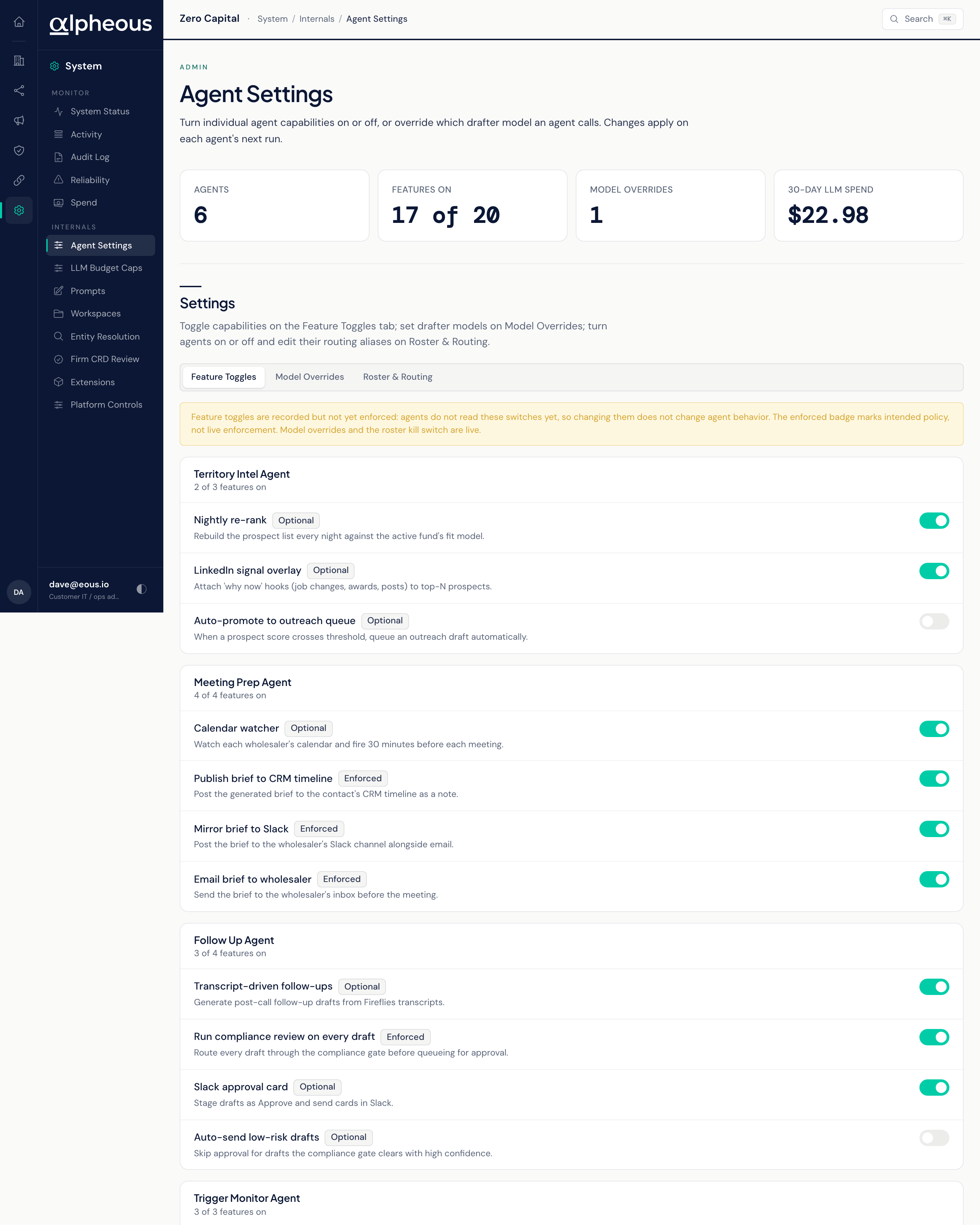 Agent settings for the distribution agents, showing feature toggles grouped by agent.