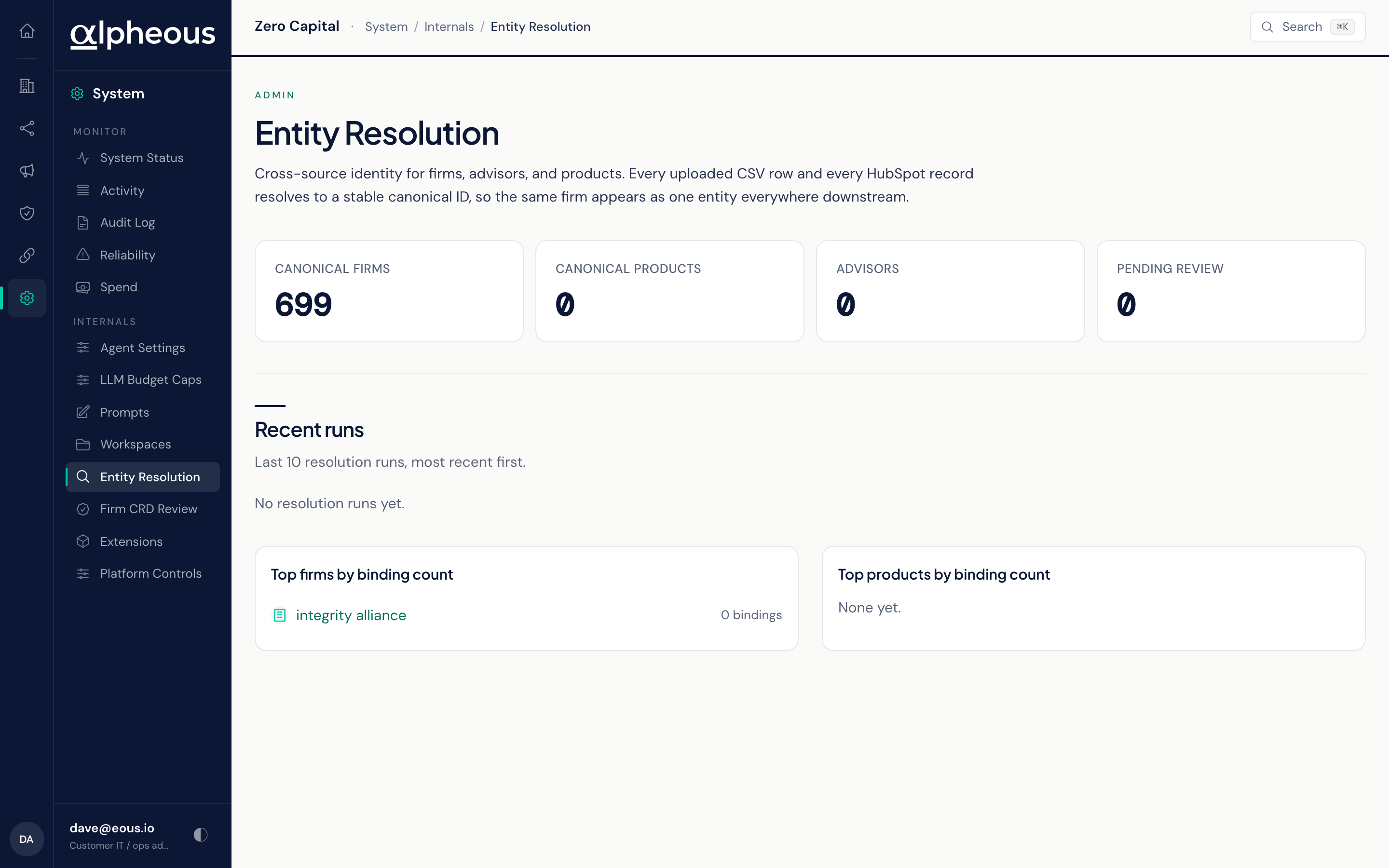 The entity resolution screen showing canonical firm and product records with the source records merged into each.