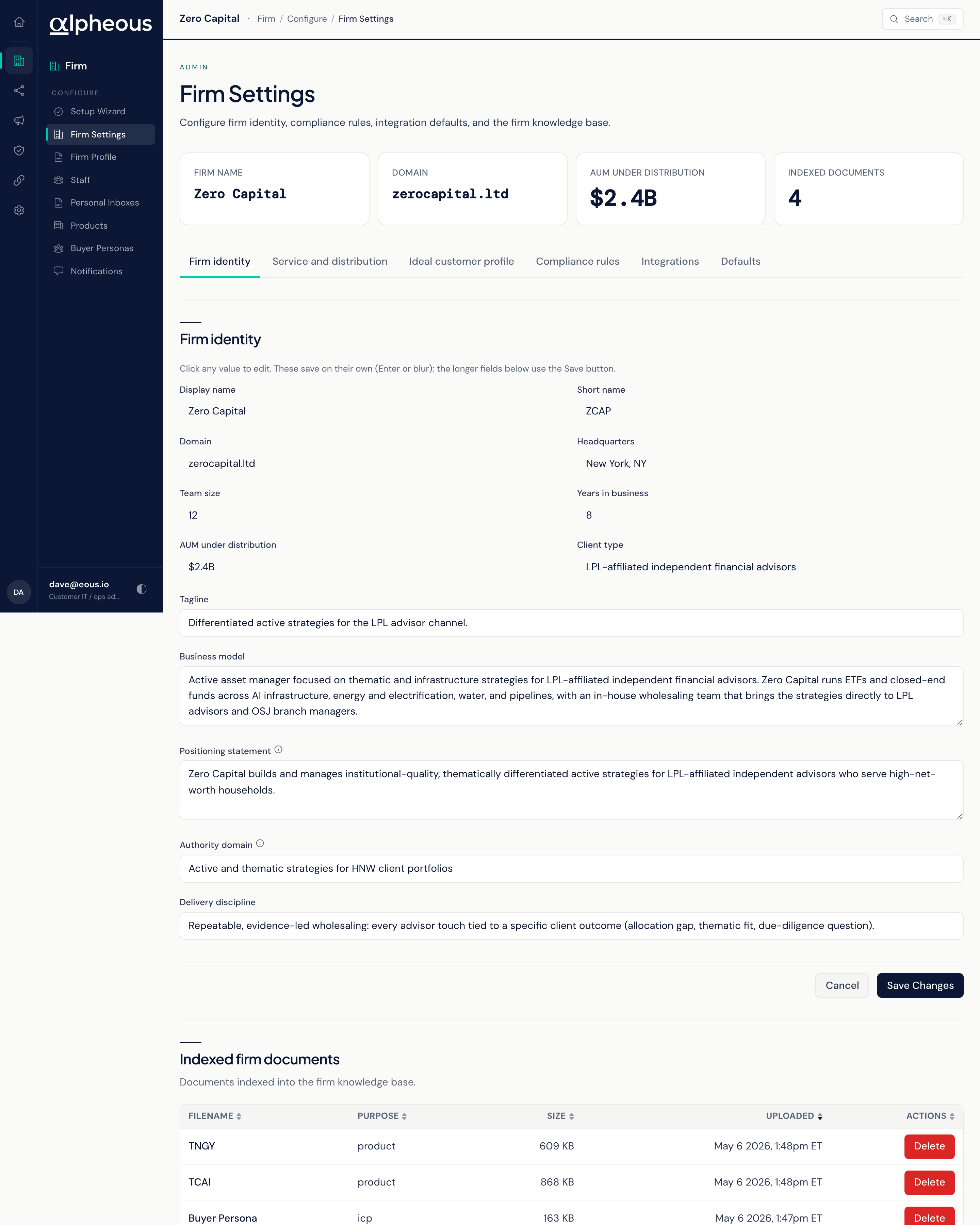 The Firm Settings page with grouped identity, distribution, and compliance fields.