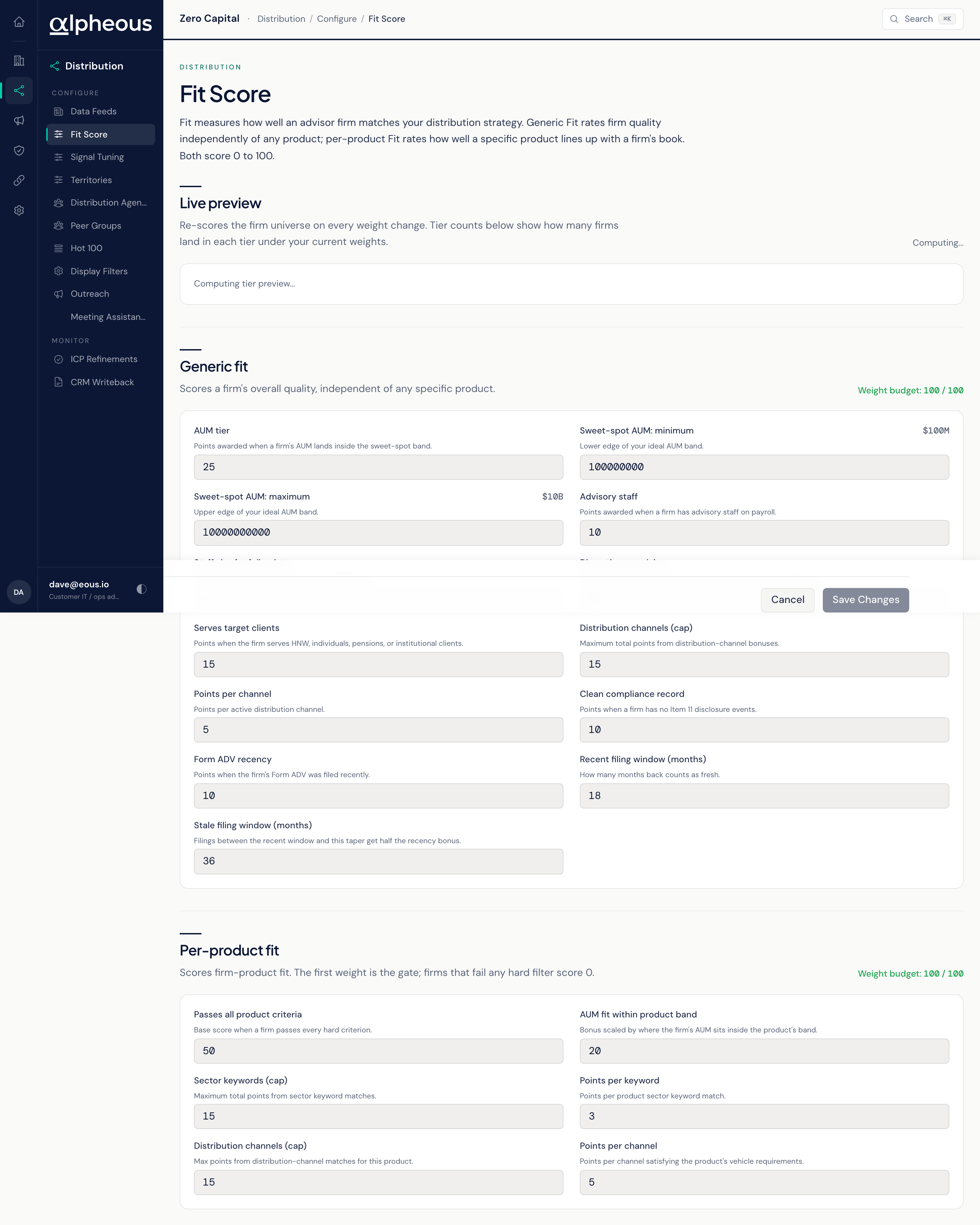 The Fit Score editor with weighted fields for Generic Fit, a weight budget indicator, and a change-reason field required before saving.