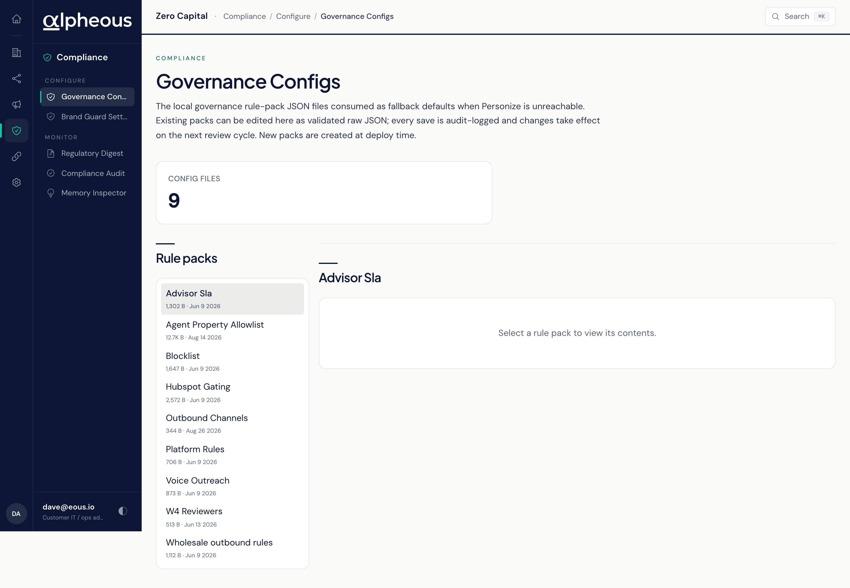 The governance viewer listing the compliance rule packs that gate outbound work.