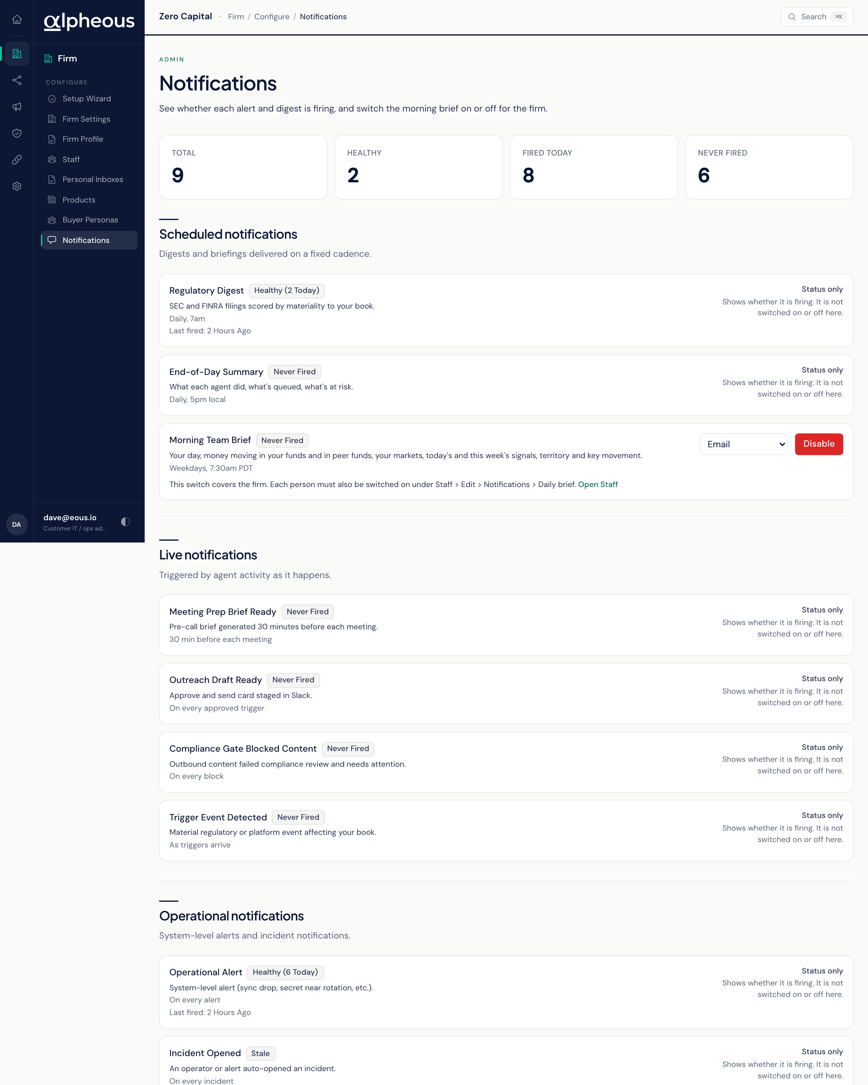 The Notifications catalogue grouped into Scheduled, Live, and Operational sections with per-alert health.