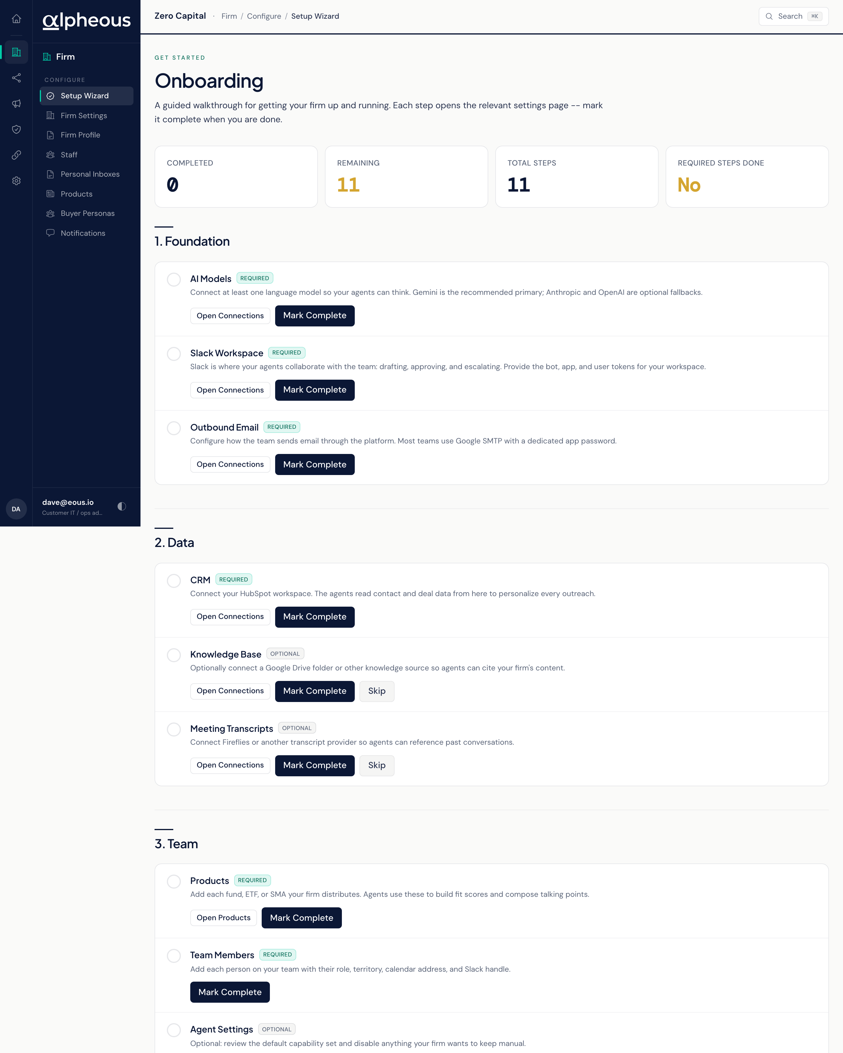 The Setup Wizard checklist grouped into four phases with a completion summary at the top.